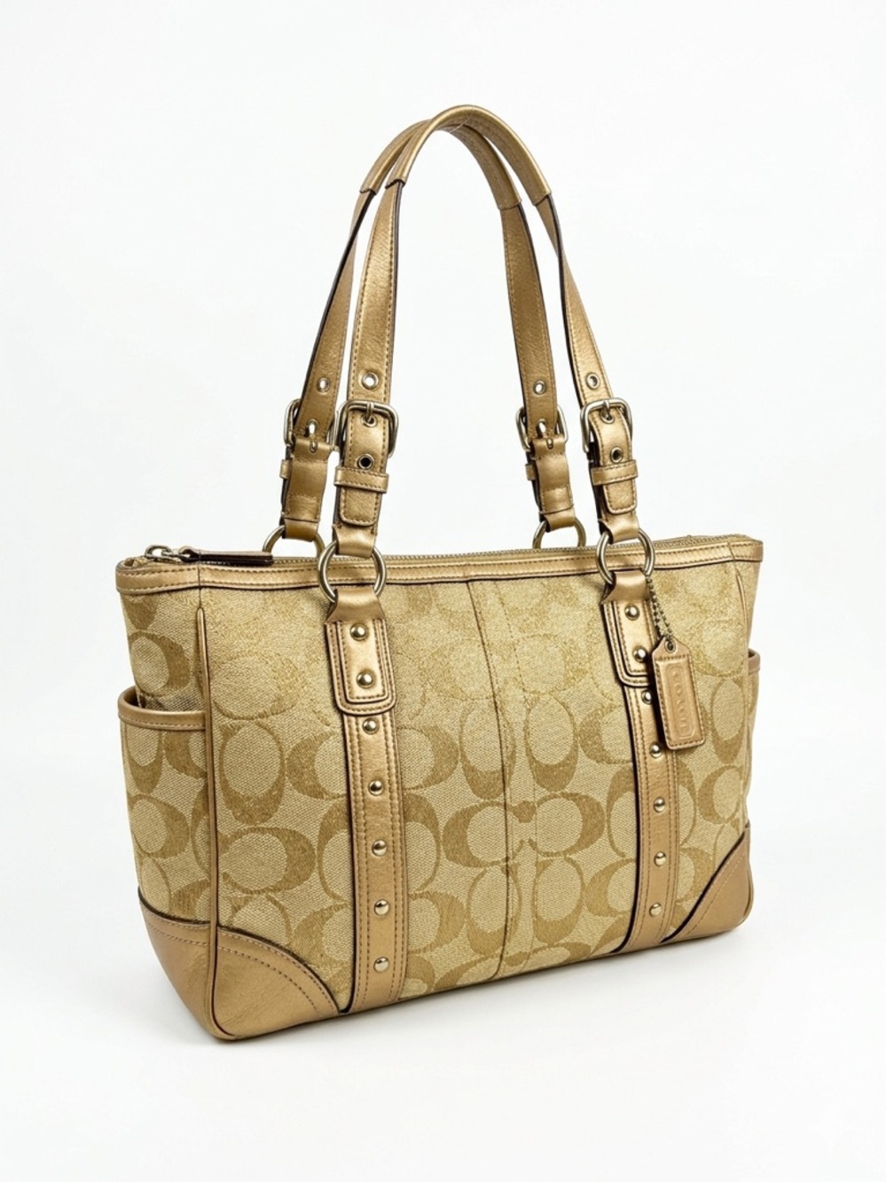 ✨ COACH Vintage Studded Signature Gallery Tote 11505 Metallic Gold Khaki Bag✨